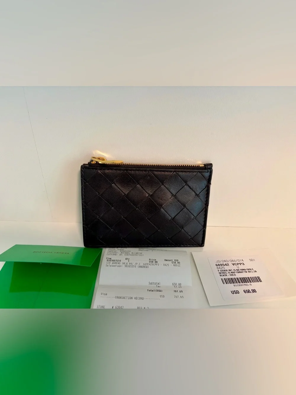 Bottega Veneta Black Intrecciato Leather Zip Key Card Holder with Gold Zip